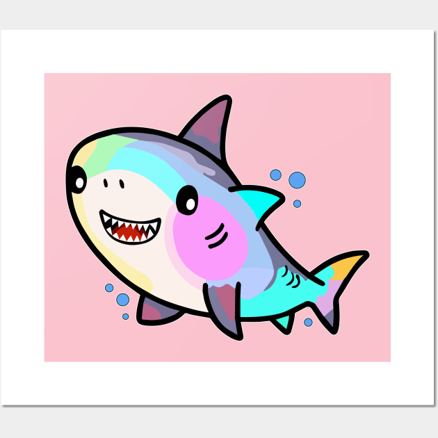 Happy smiling baby shark with bubbles. Kawaii cartoon Wall Art by SPJE Illustration Photography